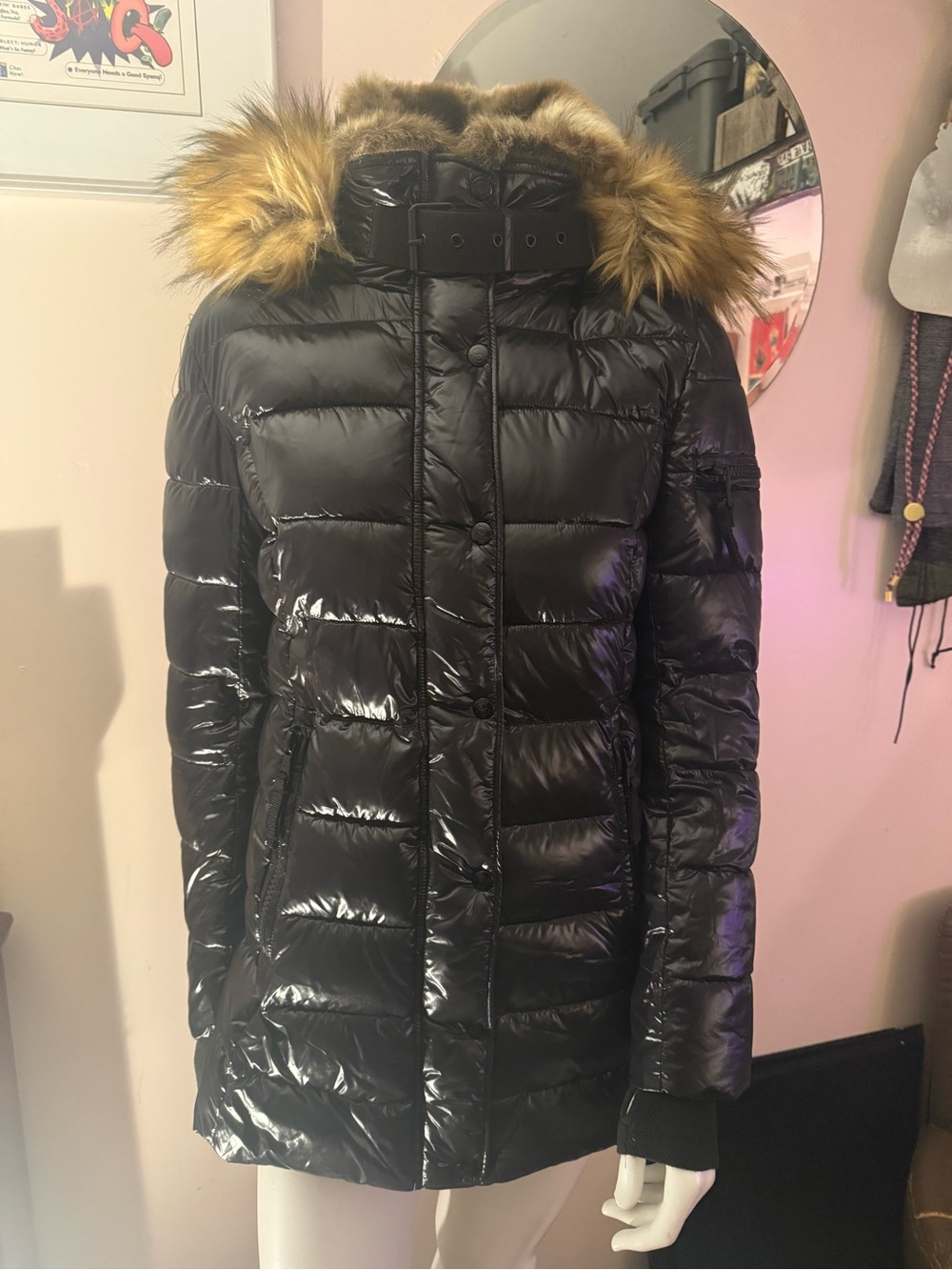 S13 Shiny Black Quilted Puffer Coat with Faux-Fur Trim Hood